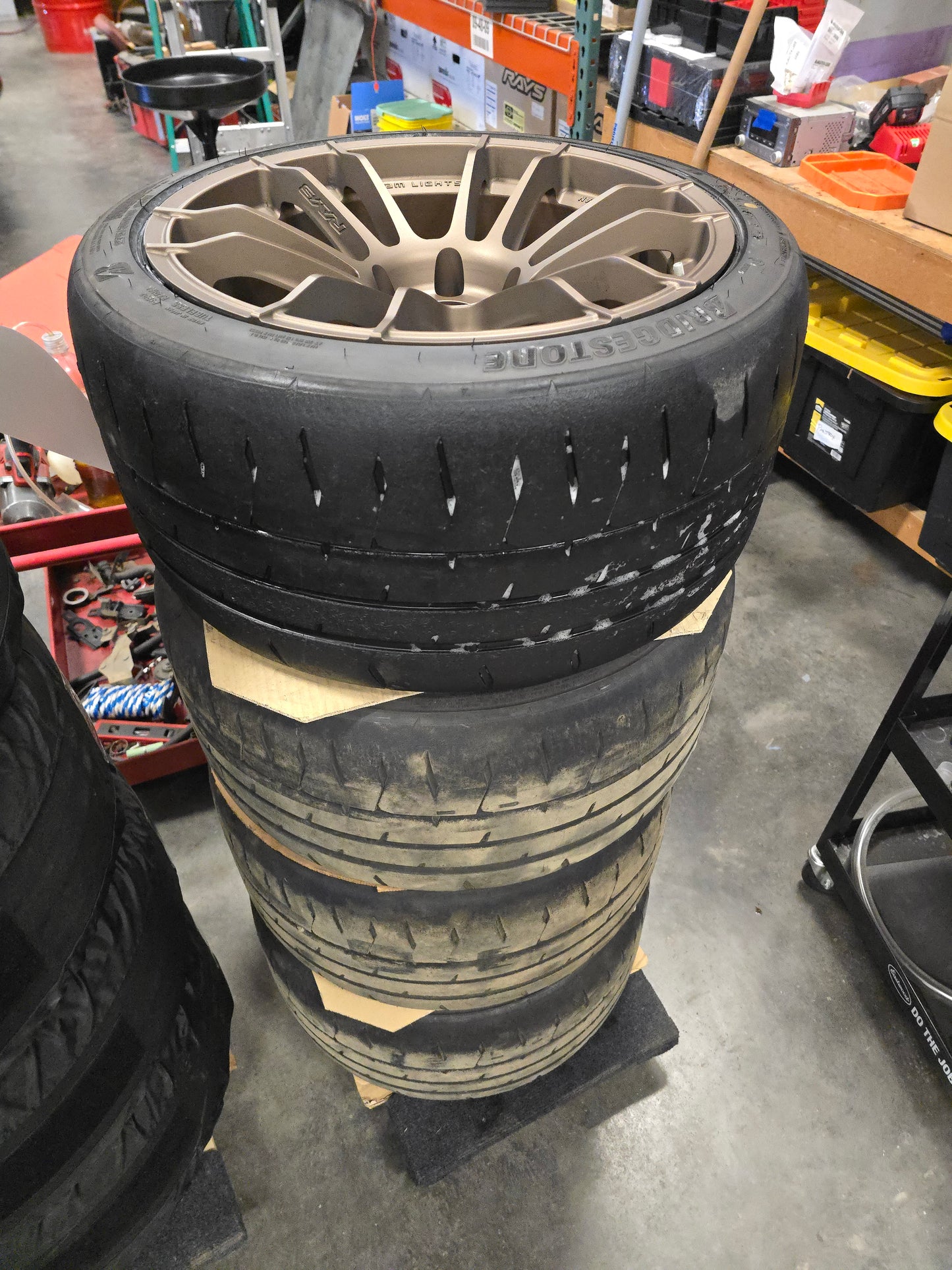 USED: GramLights 57XR 18x10.5 +22mm 5x114.3 Bronze Bridgestone RE71RS 275/35/18