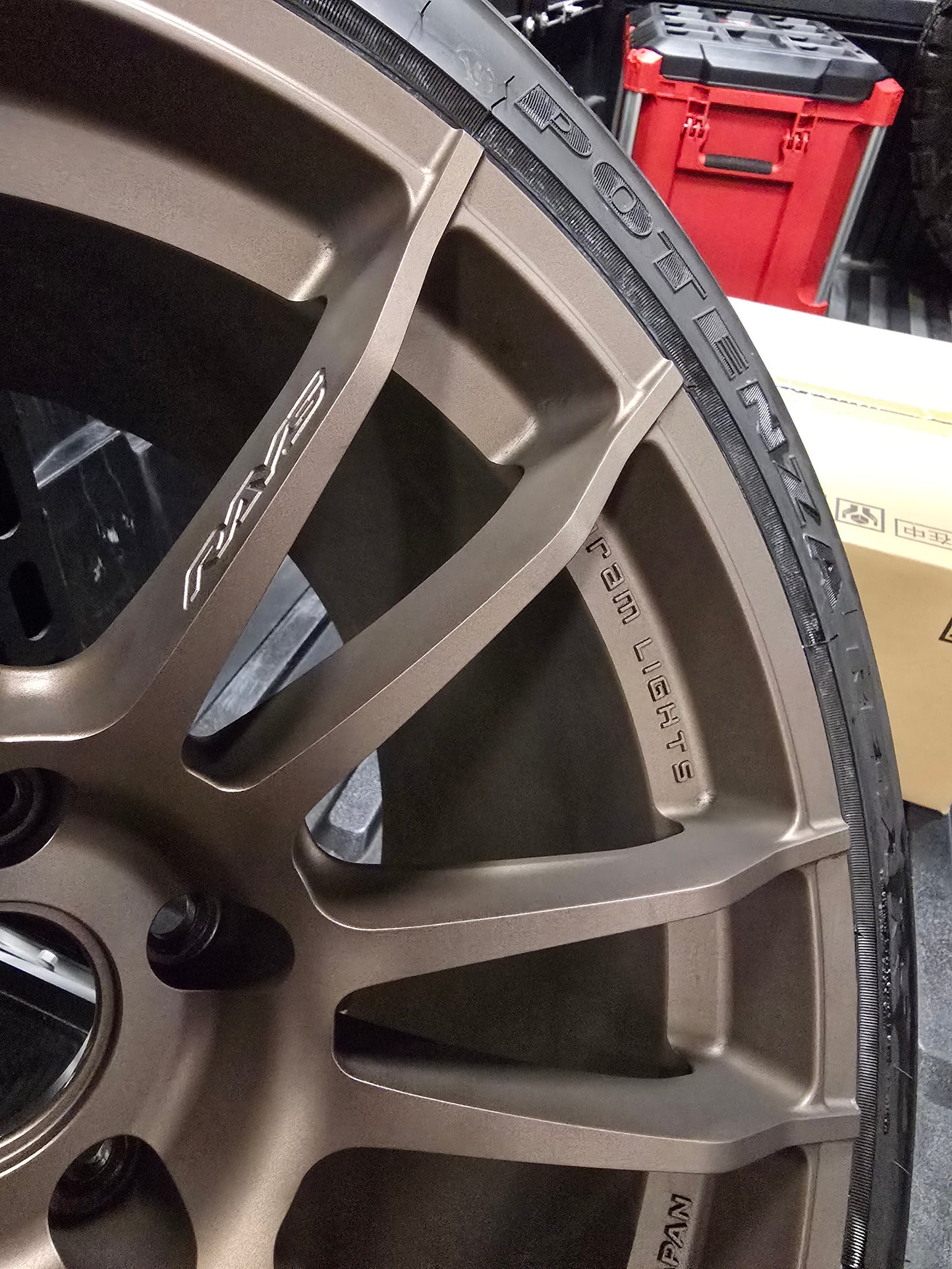 USED: GramLights 57XR 18x10.5 +22mm 5x114.3 Bronze Bridgestone RE71RS 275/35/18